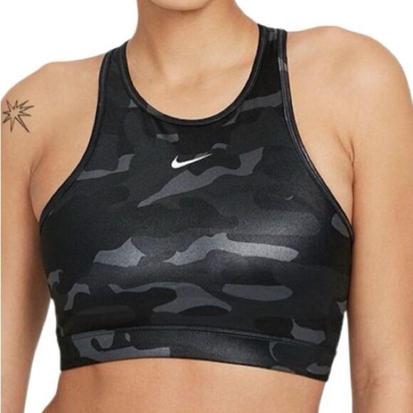 Nike Dri-Fit Swoosh medium support high neck sports bra Size Medium Grey Camo - Picture 1 of 11